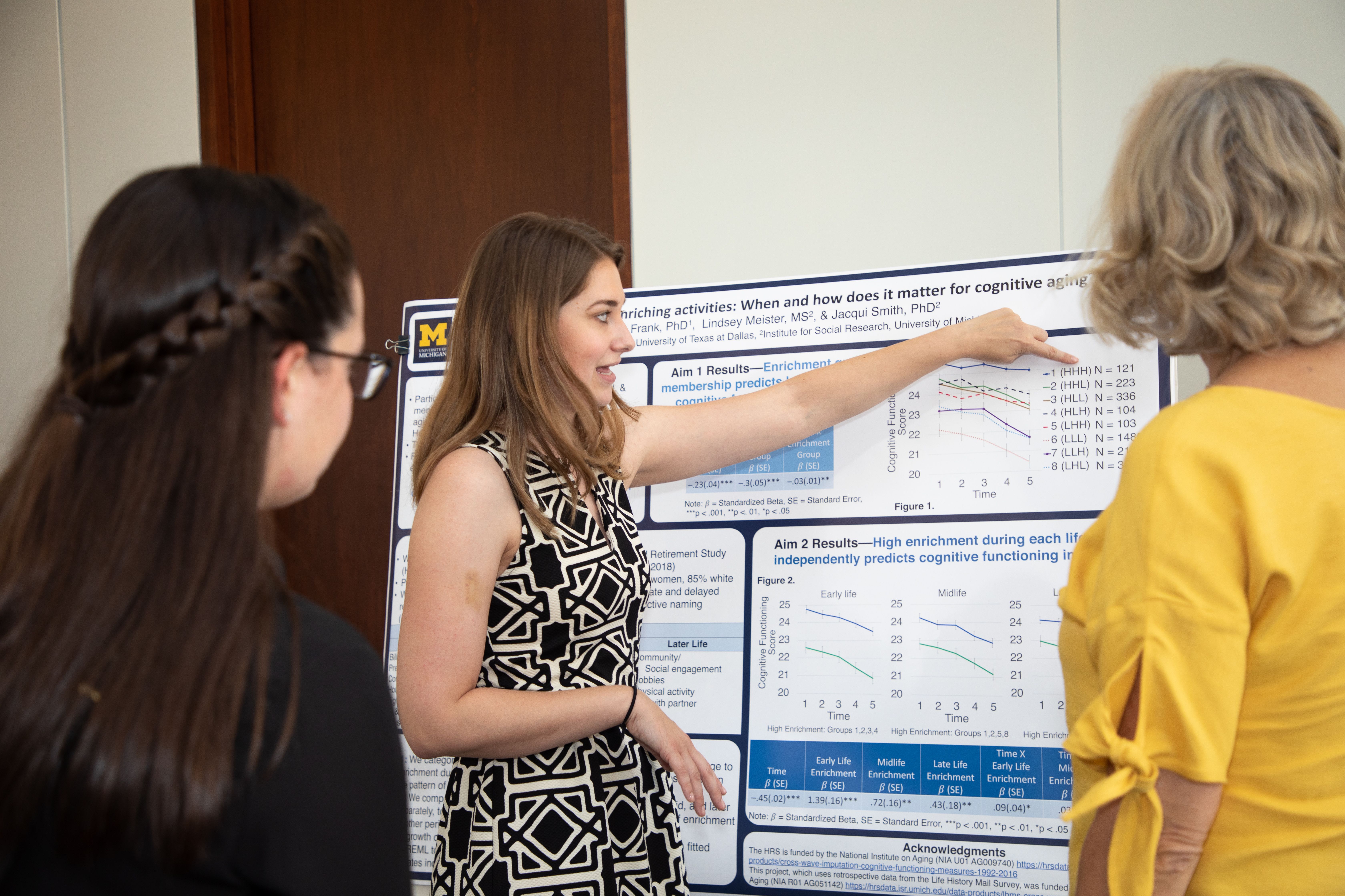 Conference attendees viewing posters in both orientations, showing different crowd patterns and viewing distances