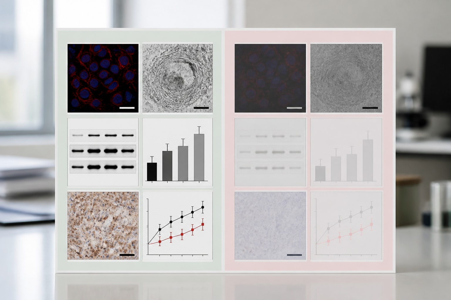 comparison of readable and unreadable figure panels with labels, scale bars, and color contrast