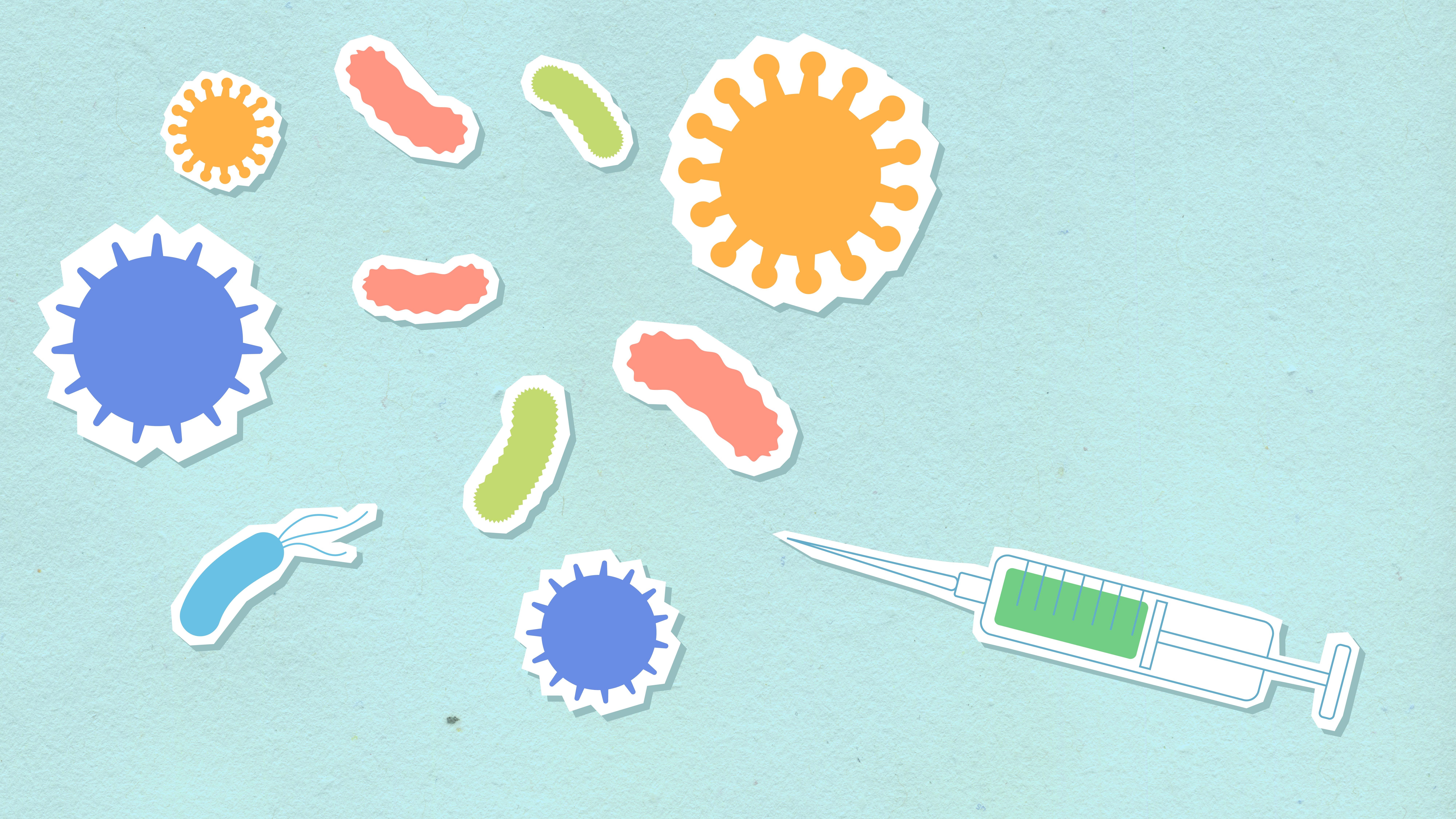 public health slide with icons for vaccination, surveillance, hand hygiene, masks, and community outreach