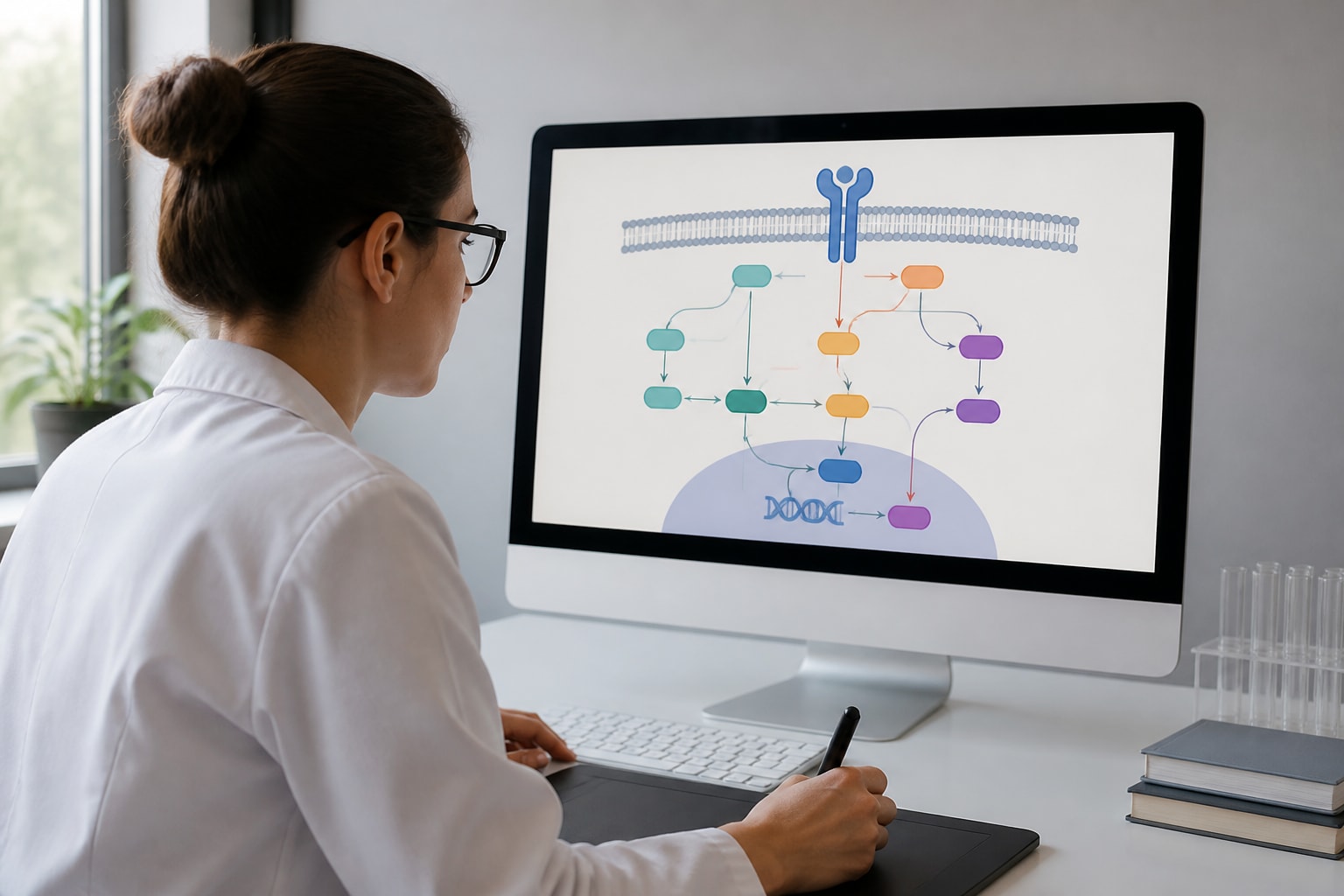 Researcher editing a signaling pathway diagram with aligned labels, consistent arrowheads, and color coded protein families