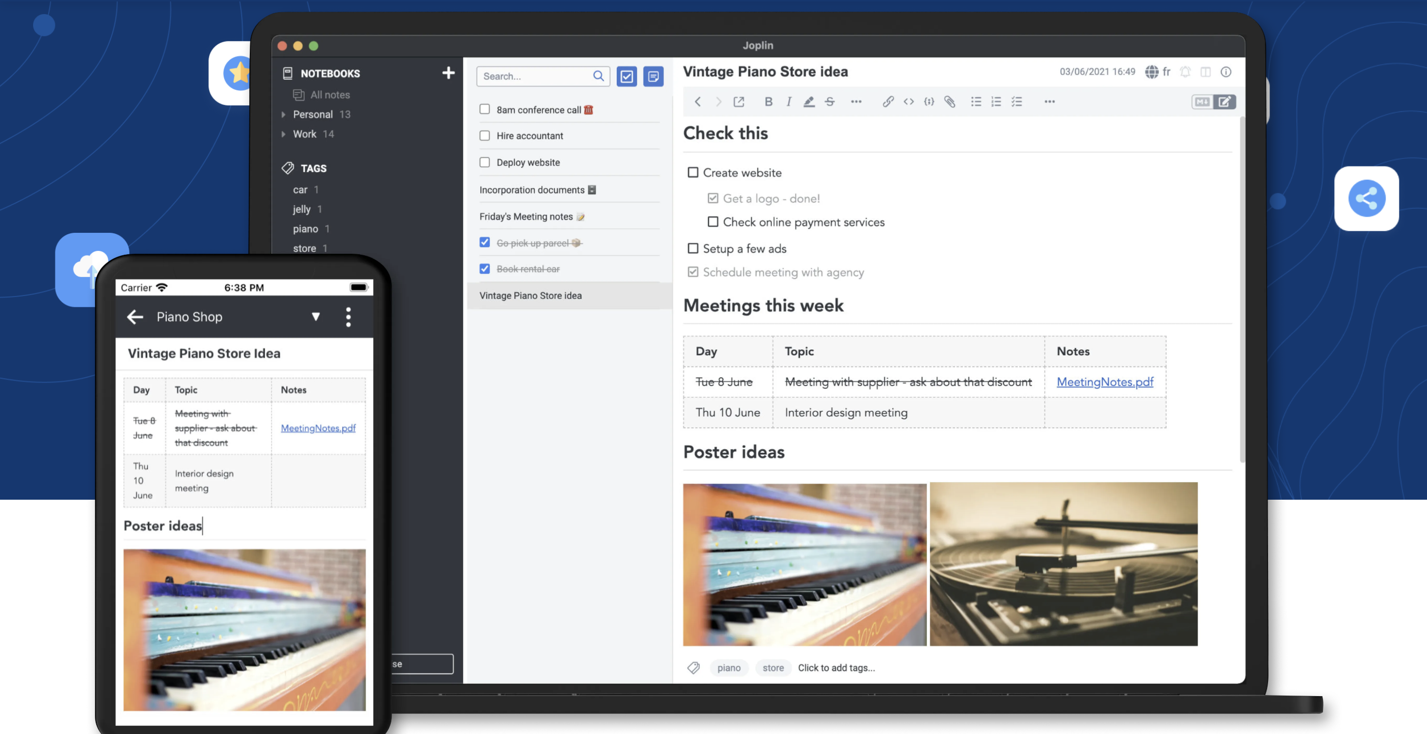 Joplin open-source note-taking app interface showing tag and notebook management. Image