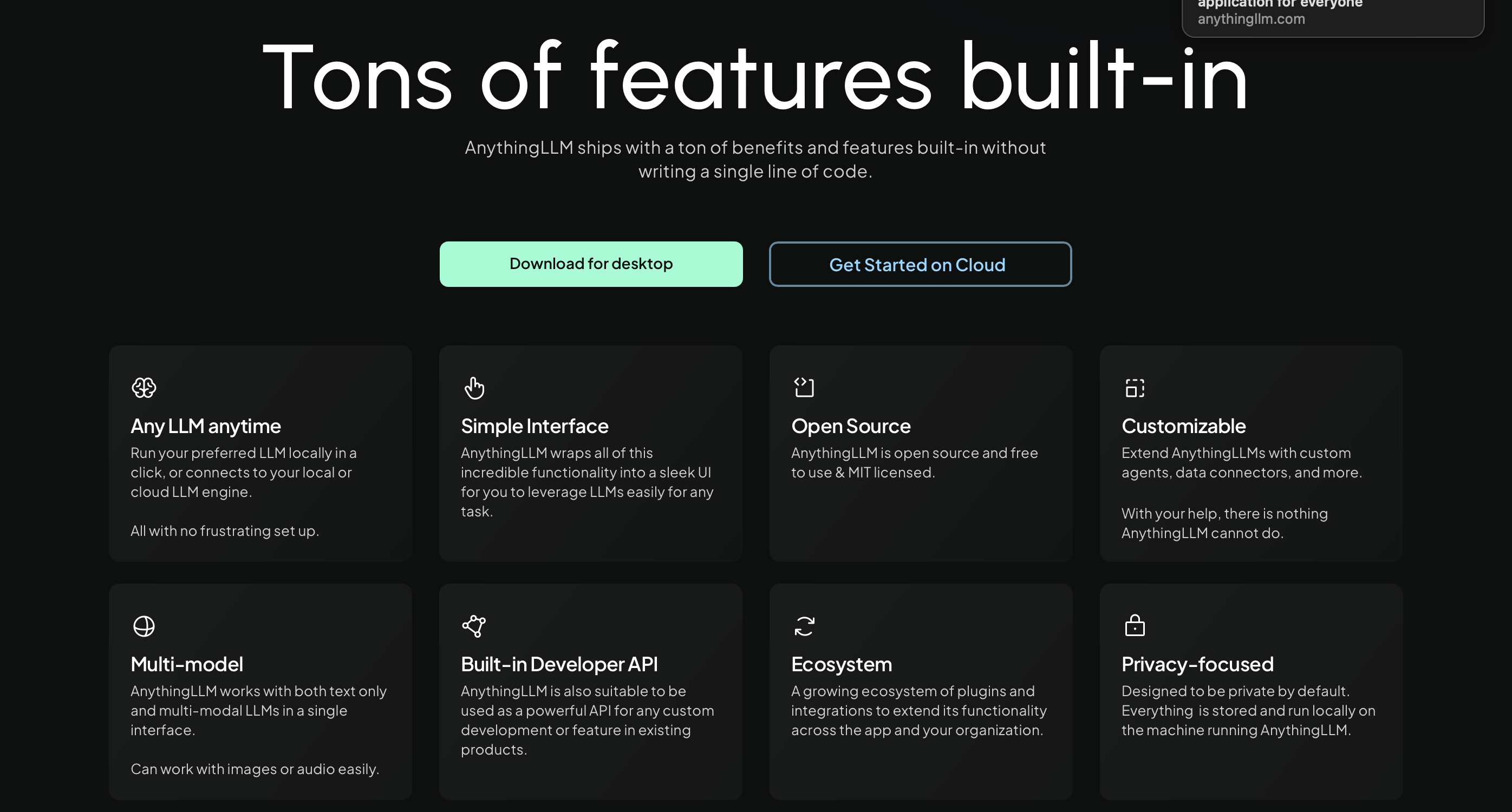 Overview of AnythingLLM’s main features including local model support
Image