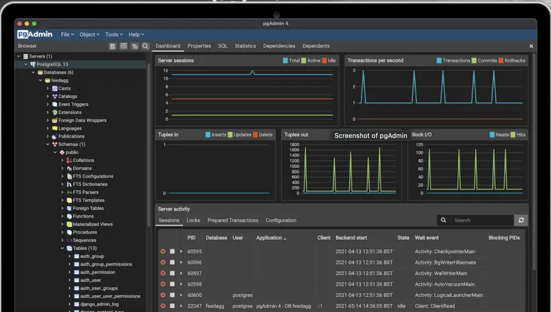 Screenshot of pgAdmin dashboard hosted on Railway connected to PostgreSQL instance. Screenshot of PgAdmin
Image