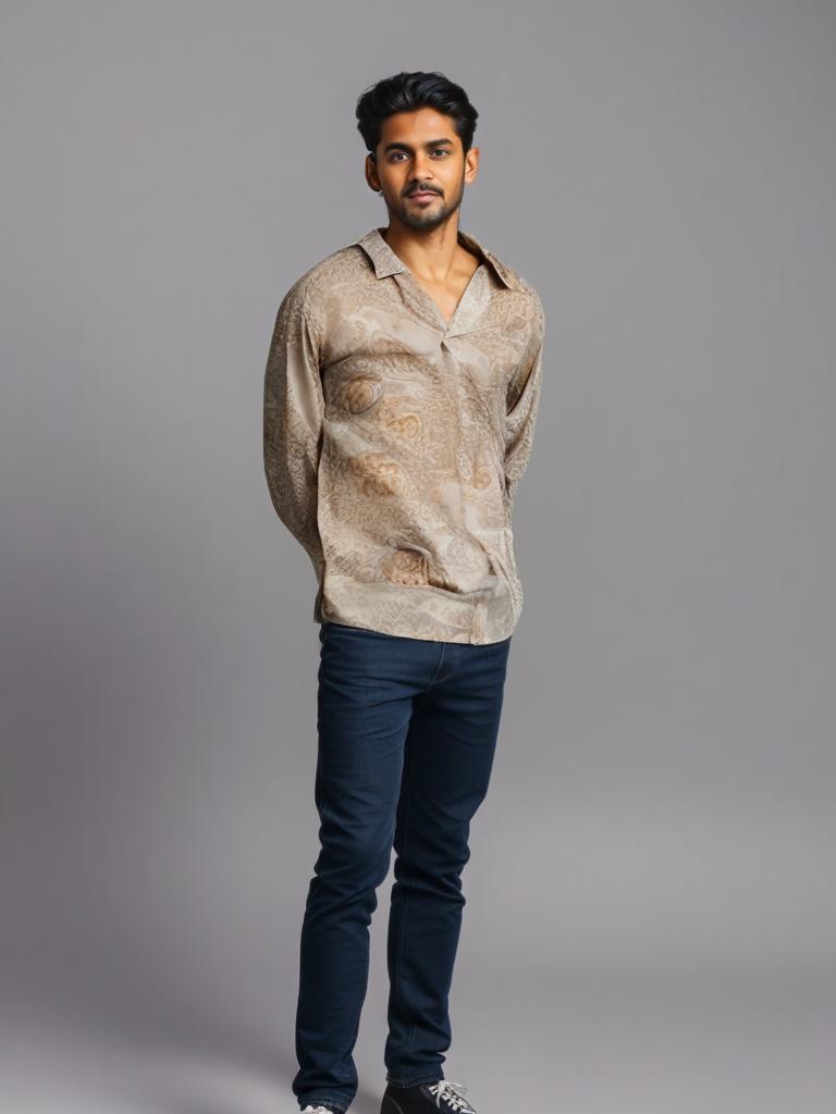 Baroque Print Cotton Shirt, Beige Tones, 90s Oversize
