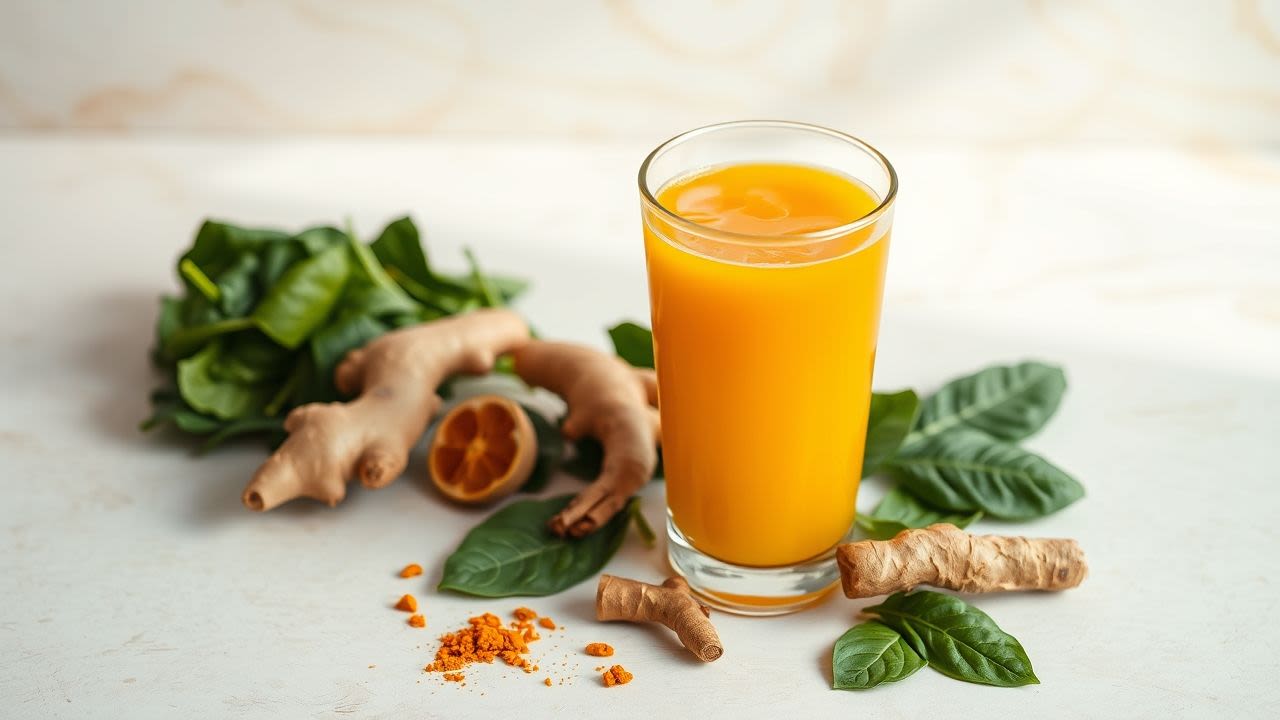 Un vaso de jugo vibrante (quizás naranja o verde) con algunos ingredientes frescos como jengibre, cúrcuma y espinacas al lado, sobre un fondo limpio y natural