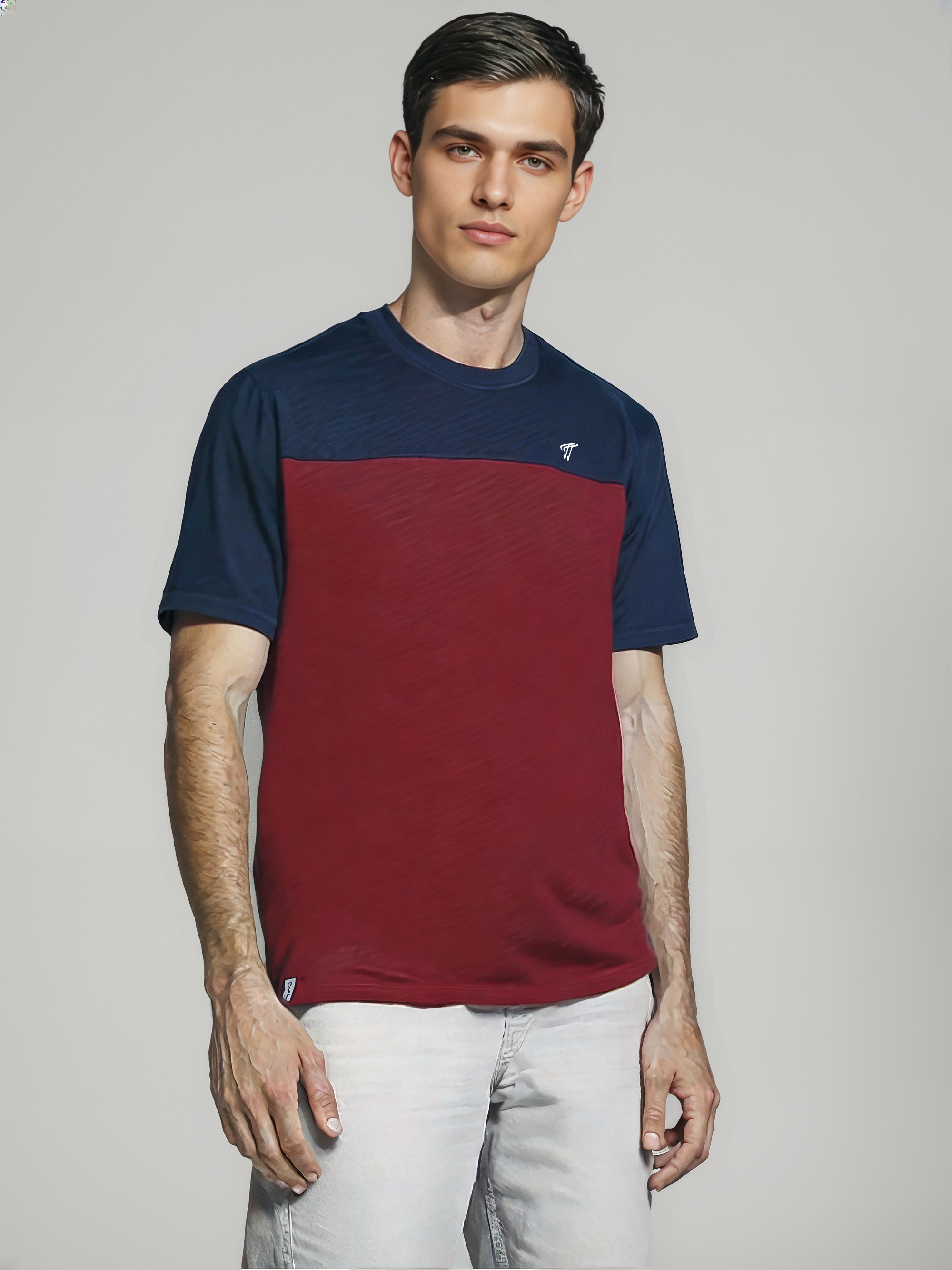 Men’s Maroon & Navy Round Neck Panel T-Shirt