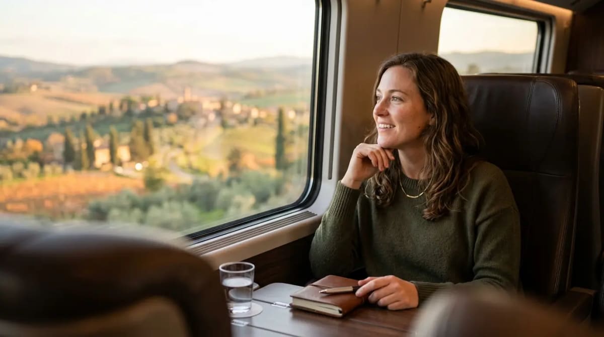 Traveler experiencing Amex Gold Card basics in luxury high-speed train
