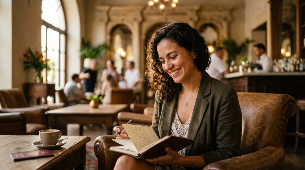 Traveler activating Amex Gold credits in luxury hotel lobby