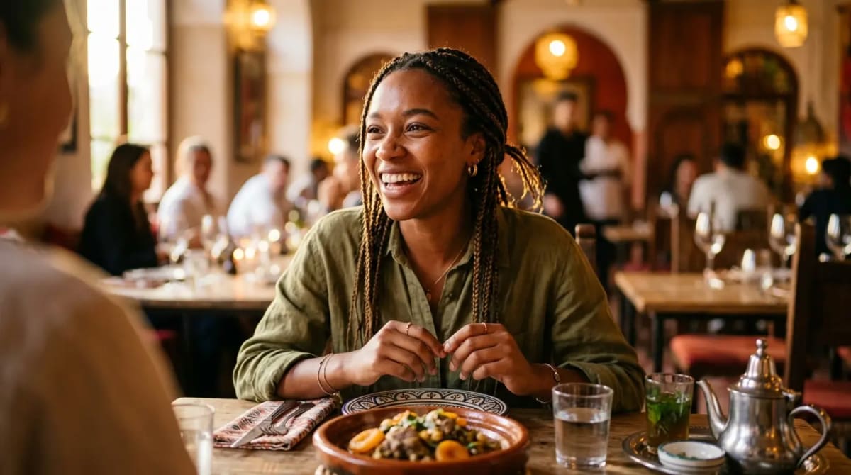 Traveler earning points with Amex Gold at fine dining restaurant
