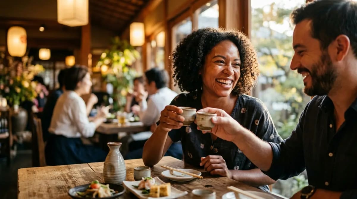 American couple celebrating Amex Gold welcome offer in upscale restaurant