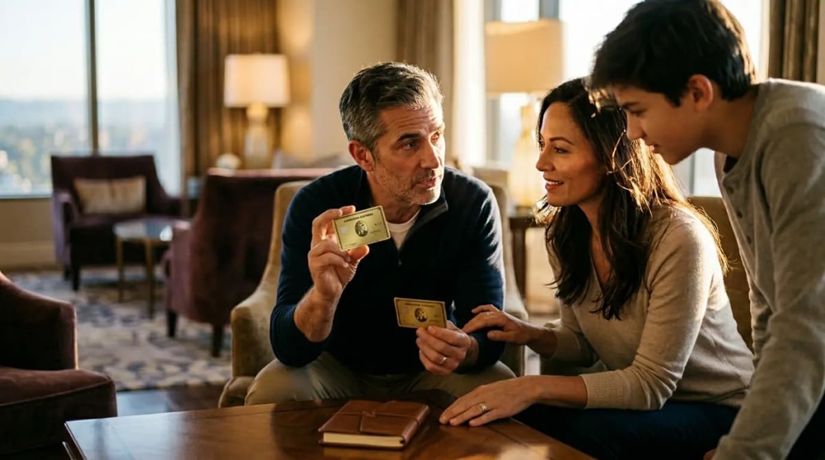 Family group discussing card benefits in luxurious hotel suite