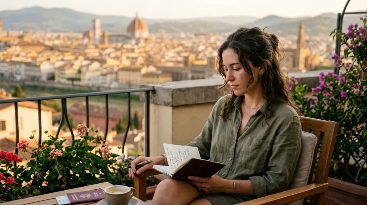 Traveler reflecting on net value in luxury hotel suite