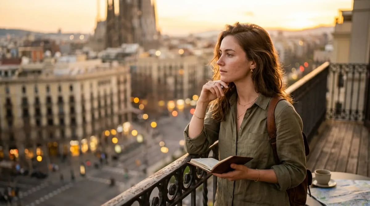 Traveler on luxury hotel balcony reaching final card decision