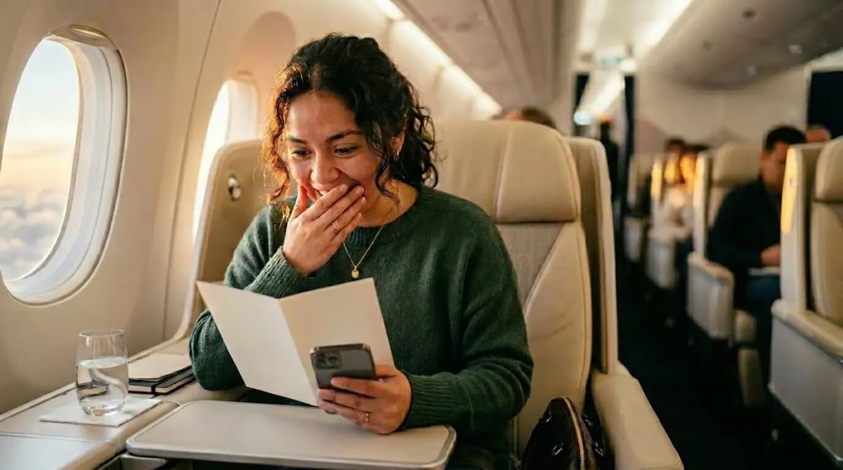 Traveler in first-class cabin reflecting on welcome bonus value