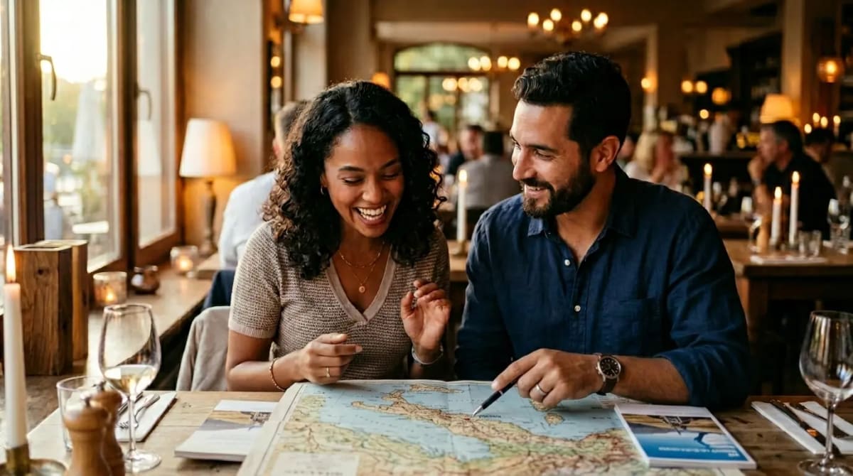 Couple considering card fit in upscale restaurant