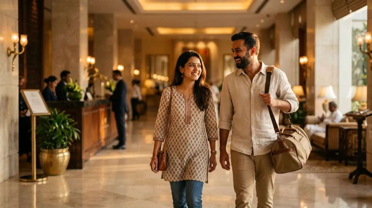 Traveler arriving at upscale hotel enjoying collection benefits