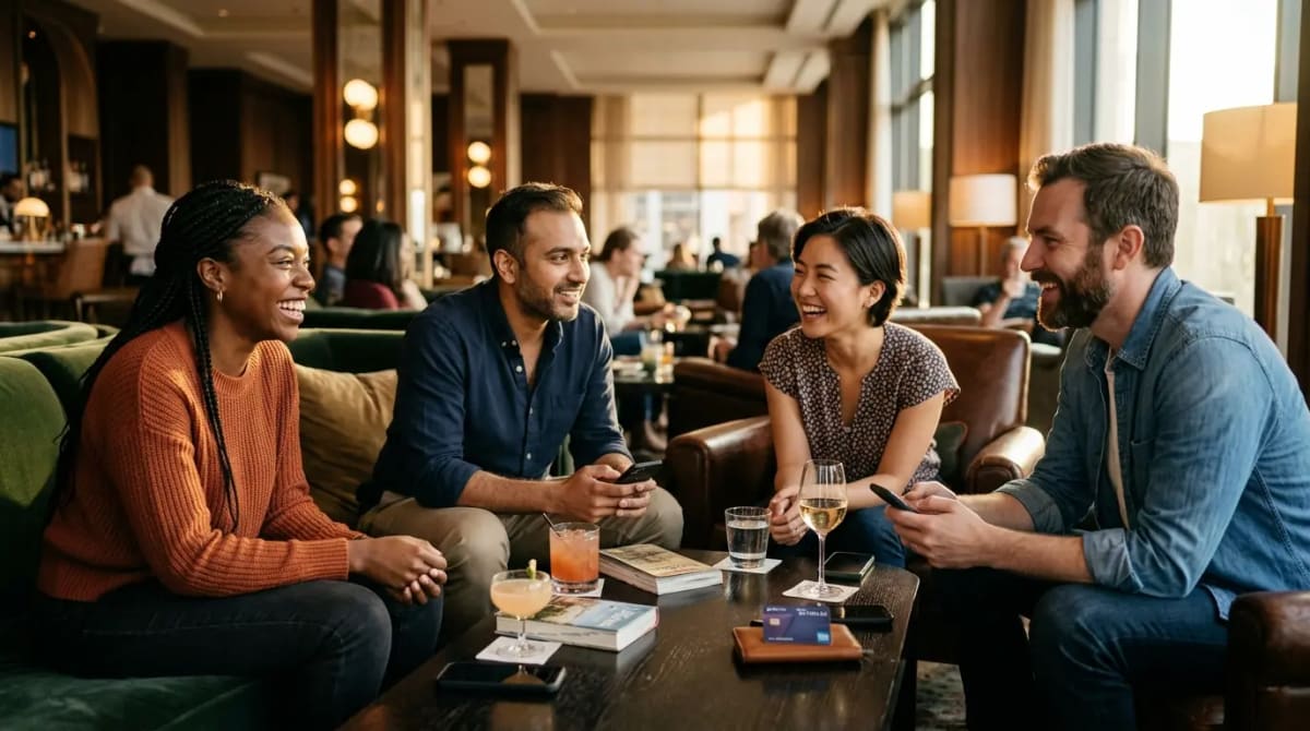 Group utilizing statement credits in luxury hotel lounge