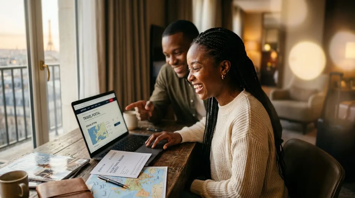 Couple planning trip with Companion Certificate in luxury hotel suite