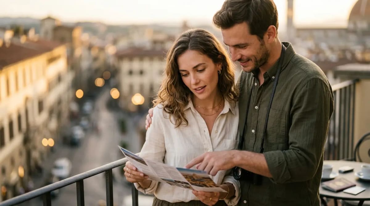Couple reaching final card decision on luxury hotel balcony
