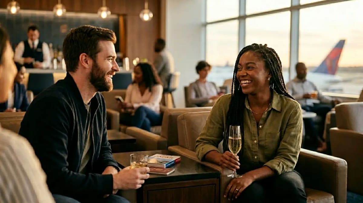 Group appreciating Sky Club and lounge access in first-class lounge