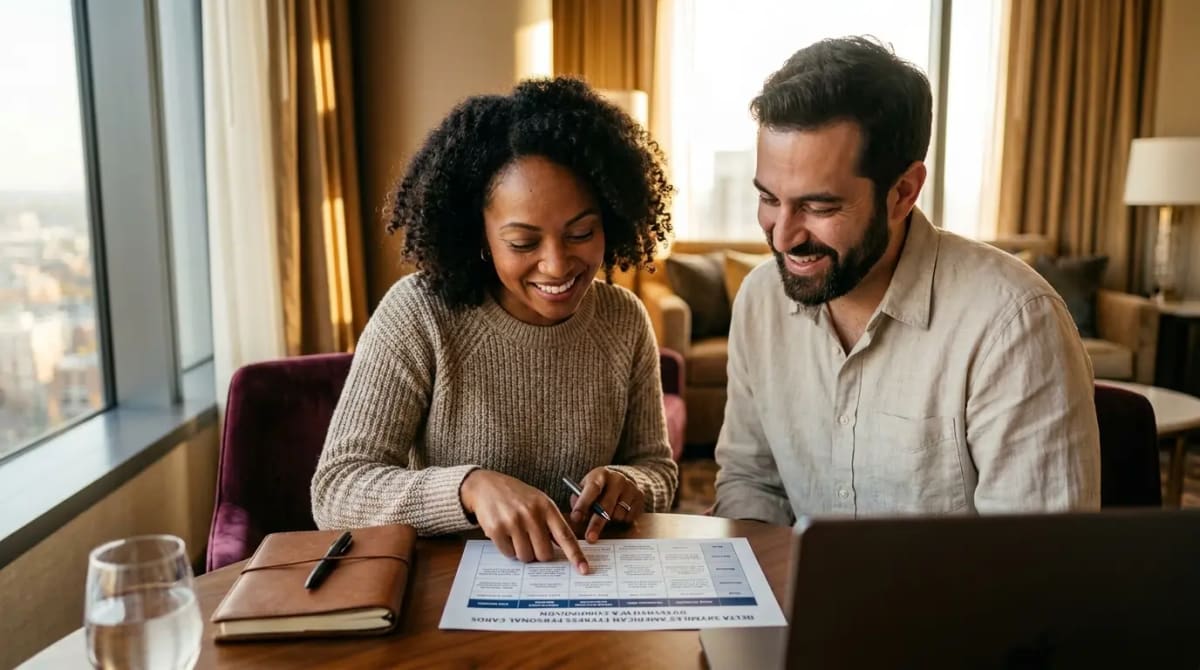 Couple reviewing four Delta SkyMiles Amex cards comparison in luxury hotel suite