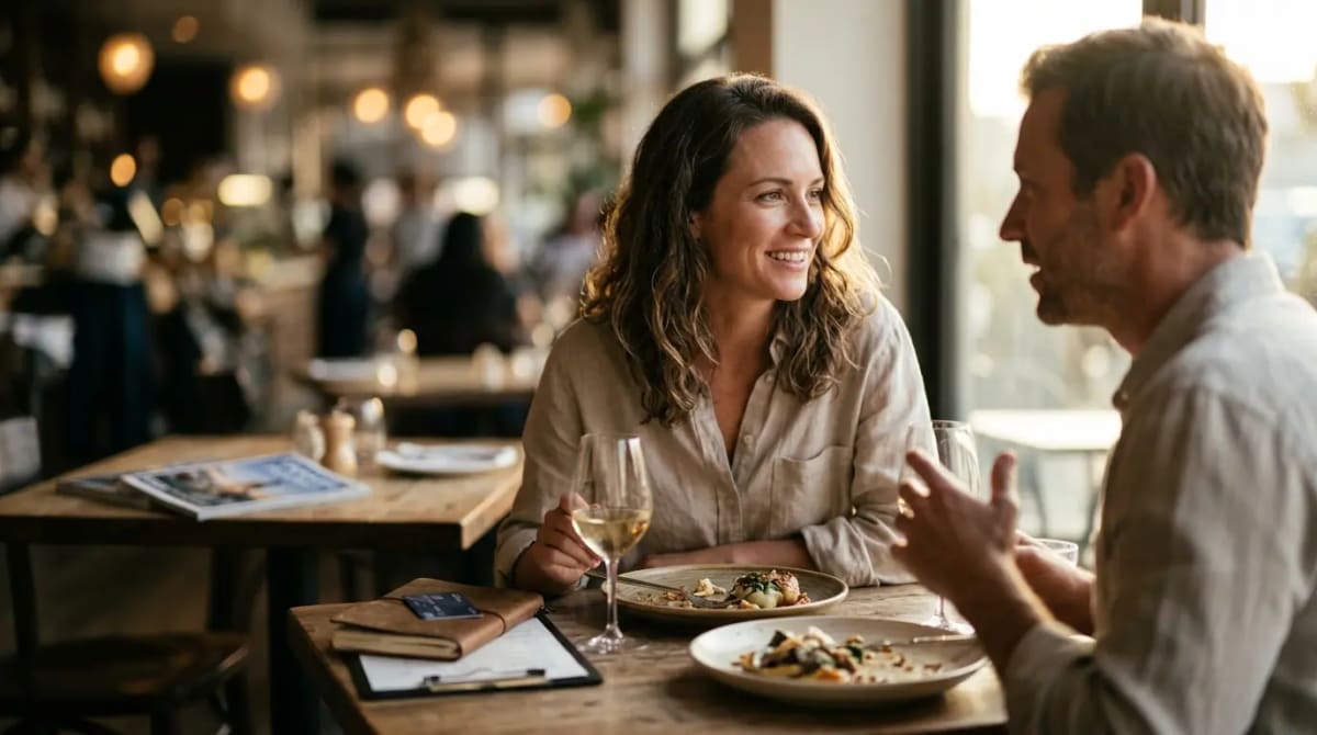 Couple earning SkyMiles on dining in upscale restaurant