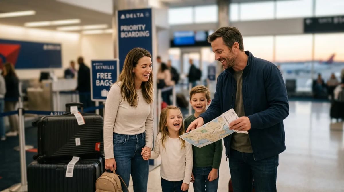 Family enjoying free checked bags and priority boarding at airport