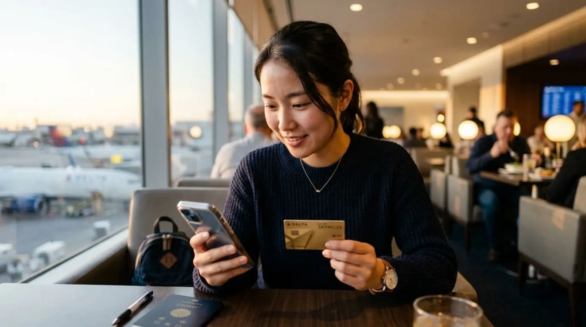 Traveler linking SkyMiles number to Delta Amex card in premium airport lounge