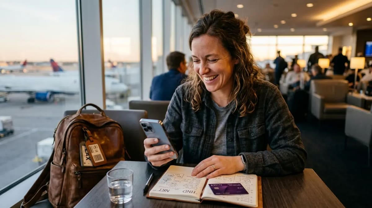 Traveler tracking MQD progress in premium airport lounge