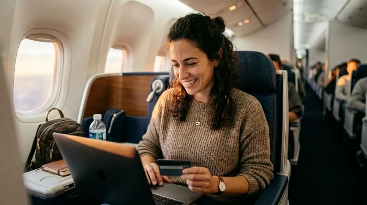 Traveler redeeming SkyMiles award in first-class cabin