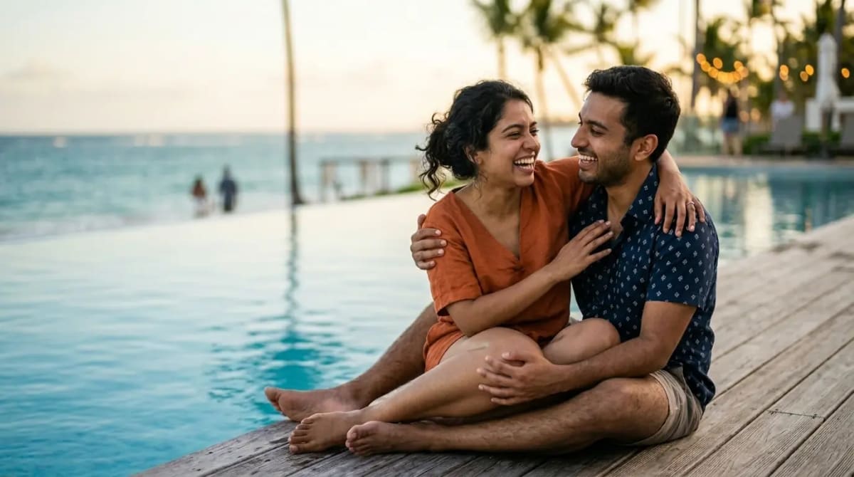 Traveler enjoying domestic short-haul flash sale SkyMiles sweet spots at upscale rooftop