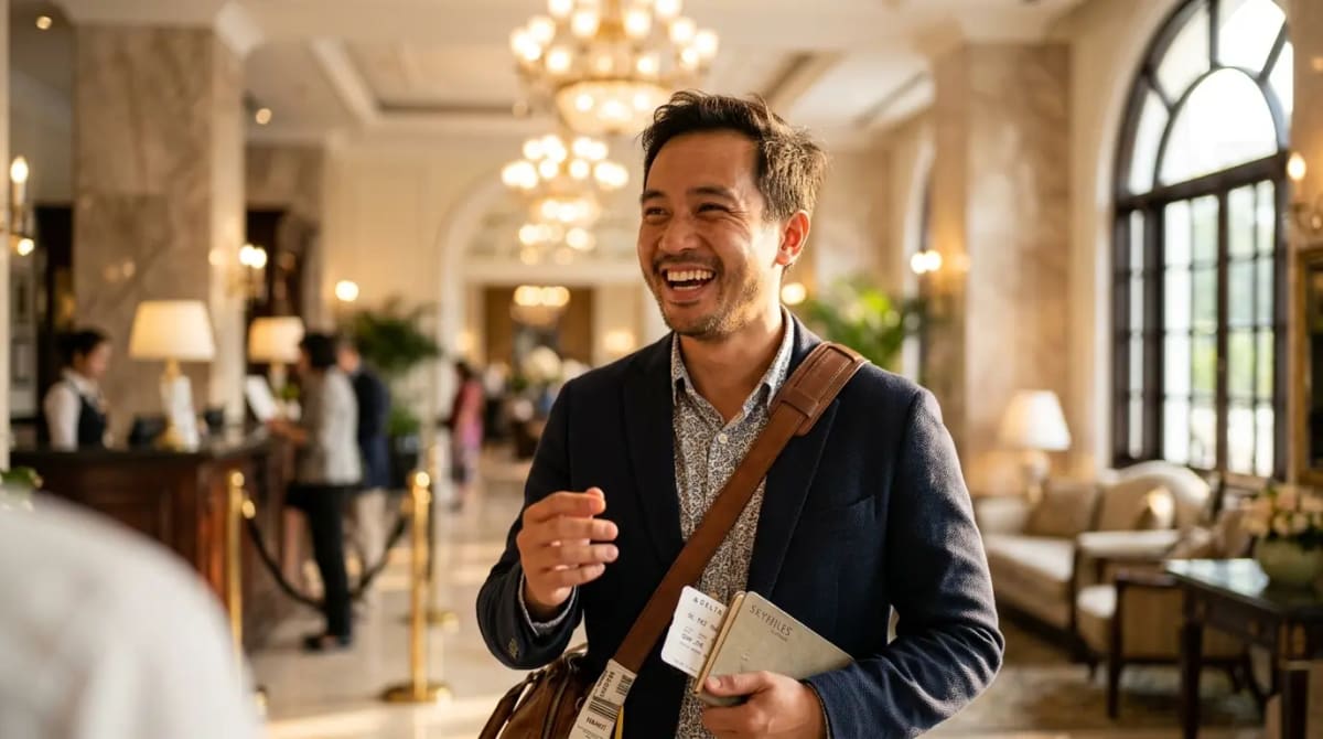 Confident traveler mastering Delta SkyMiles booking strategies in elegant hotel lobby