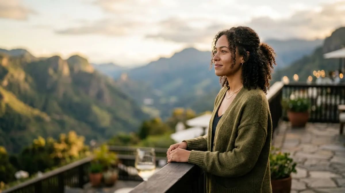 Traveler calculating high cents-per-mile value on luxury resort terrace