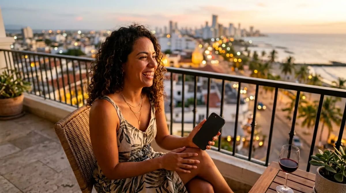 Couple celebrating TakeOff 15 benefit savings on Delta SkyMiles award in luxury hotel suite