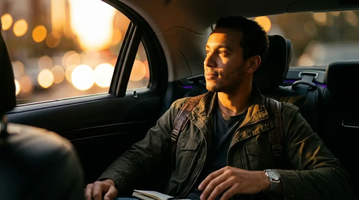 Solo traveler in luxury airport transfer calculating LP earning strategies