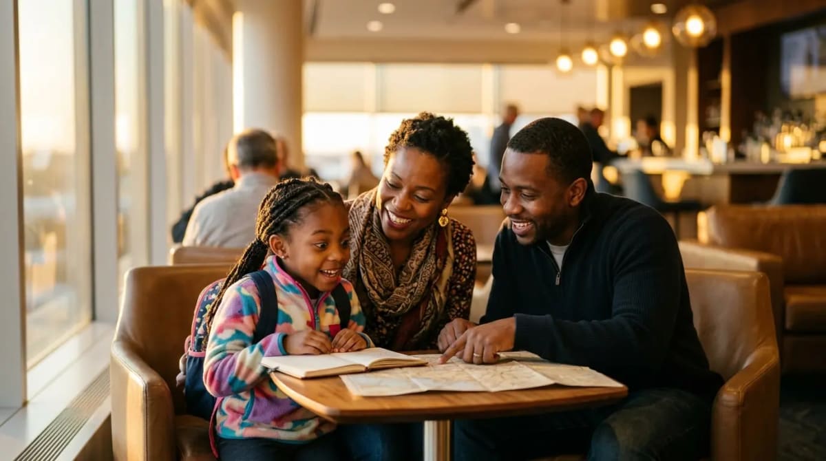 Family group in Admirals Club reviewing elite benefits and Loyalty Points tiers