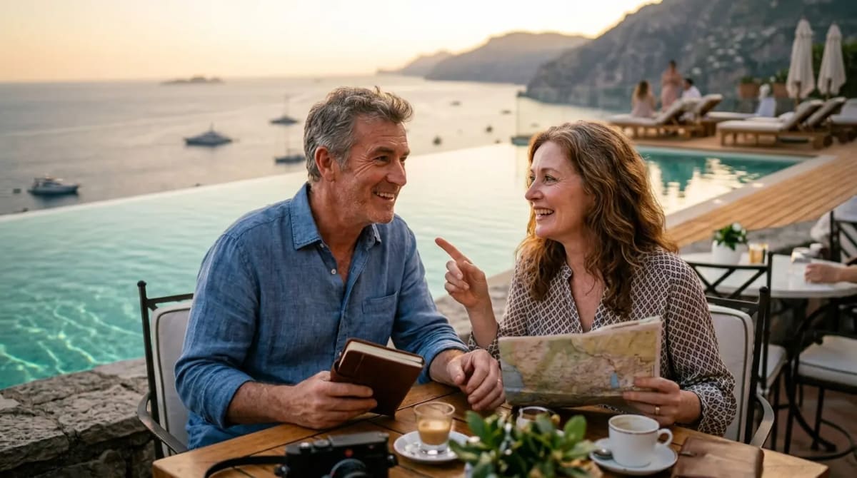 Couple celebrating milestone reward on resort pool terrace