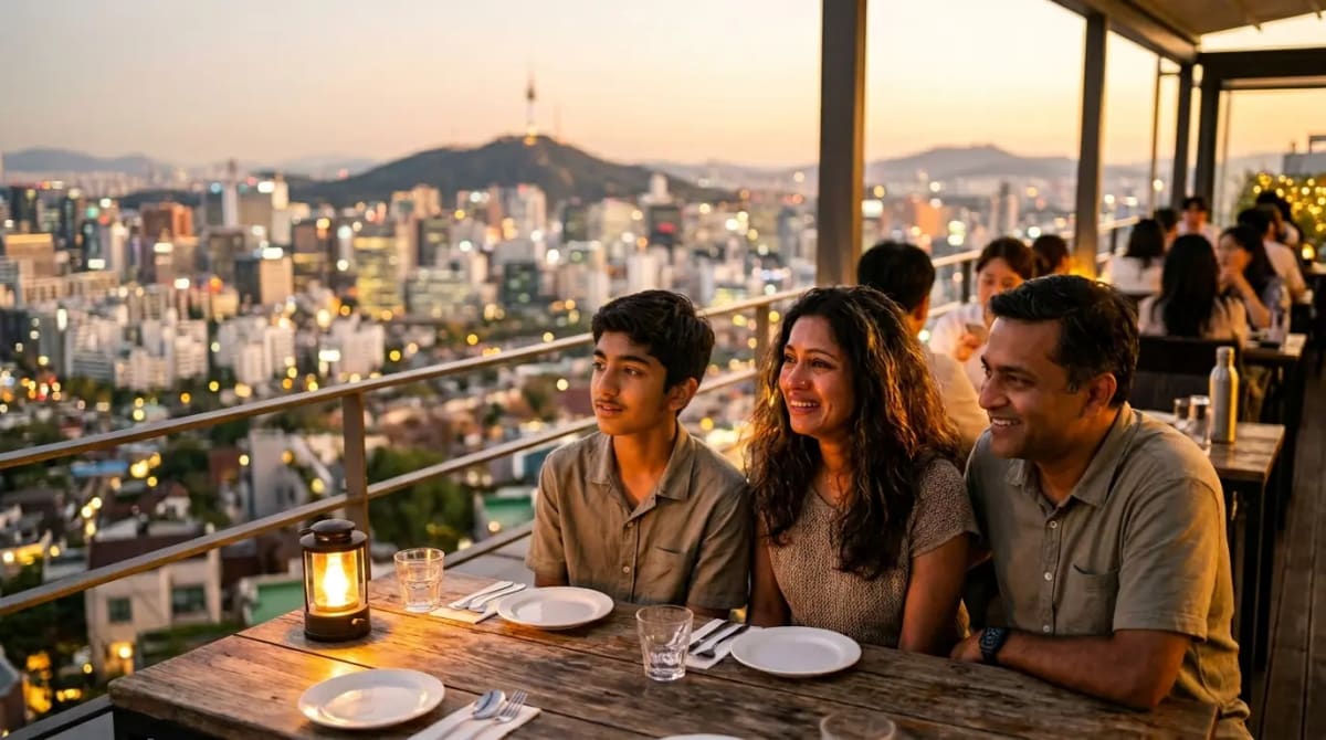 Family at rooftop restaurant weighing AAdvantage pros and cons for 2026 travel