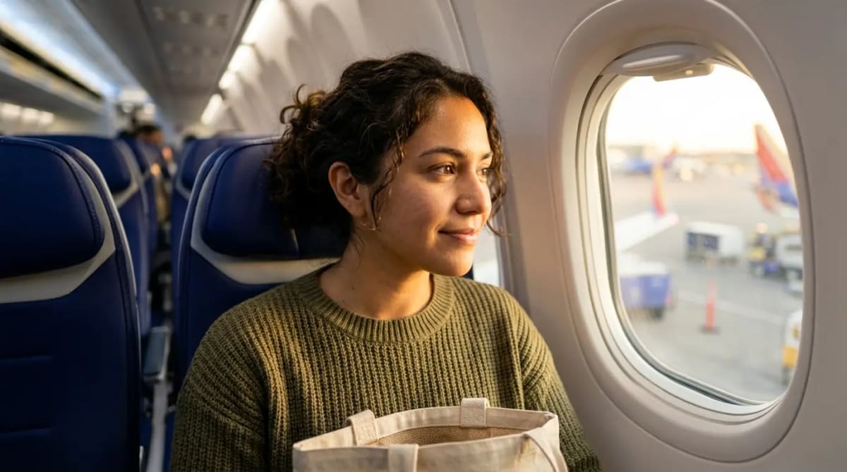 Traveler adapting to 2026 assigned seating on Southwest award tickets in airplane cabin