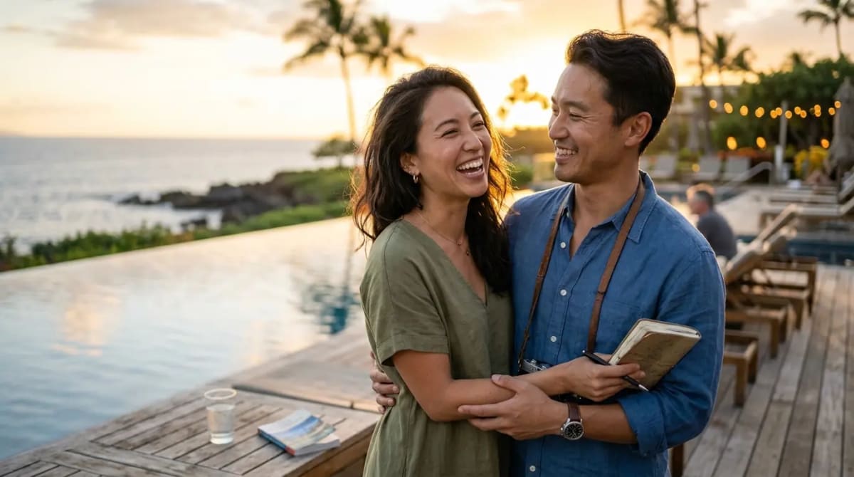 Couple experiencing Companion Pass ultimate value on luxury resort pool deck