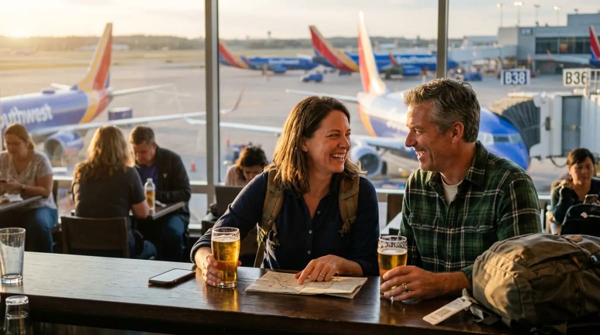 Traveler realizing dynamic pricing value for Southwest Rapid Rewards points in premium lounge