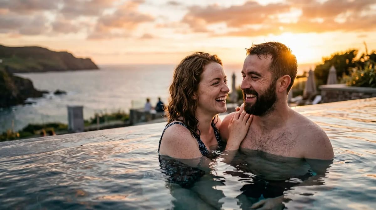 Couple celebrating expanded PlusPoints upgrades on award tickets at luxury resort pool
