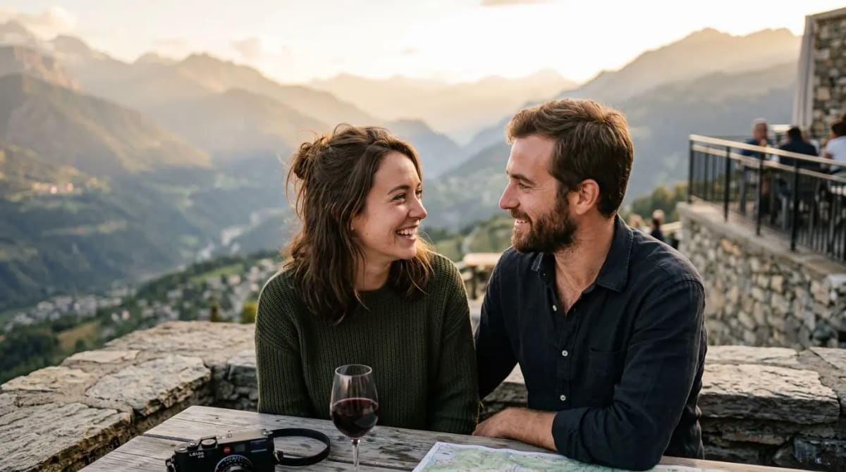 Couple appreciating highest-value United miles sweet spots and Polaris awards on mountain terrace