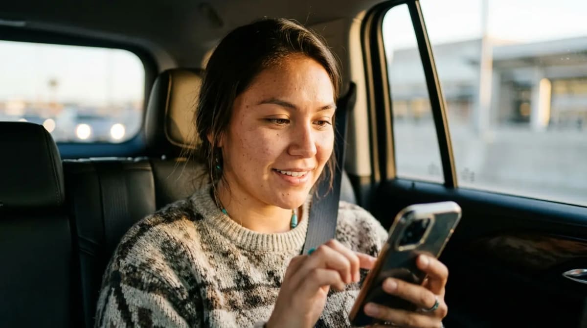 Traveler mastering booking process and maximization tips during luxury black-car airport transfer