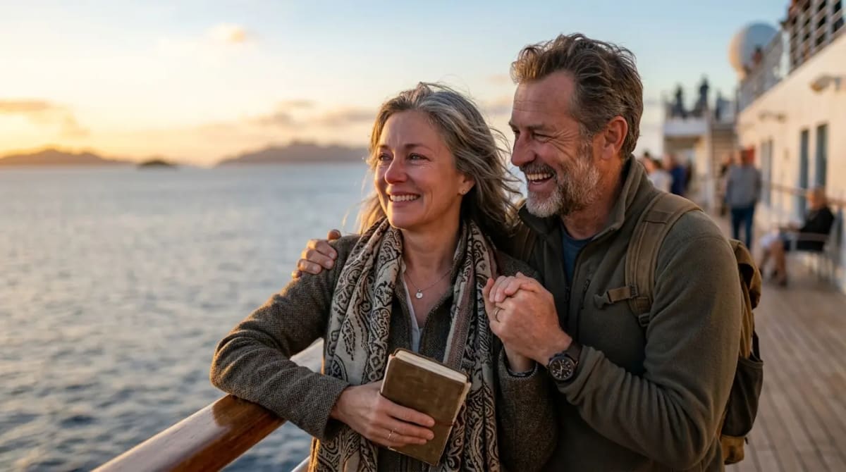 American couple experiencing free stopovers and advanced routing on luxury cruise ship deck