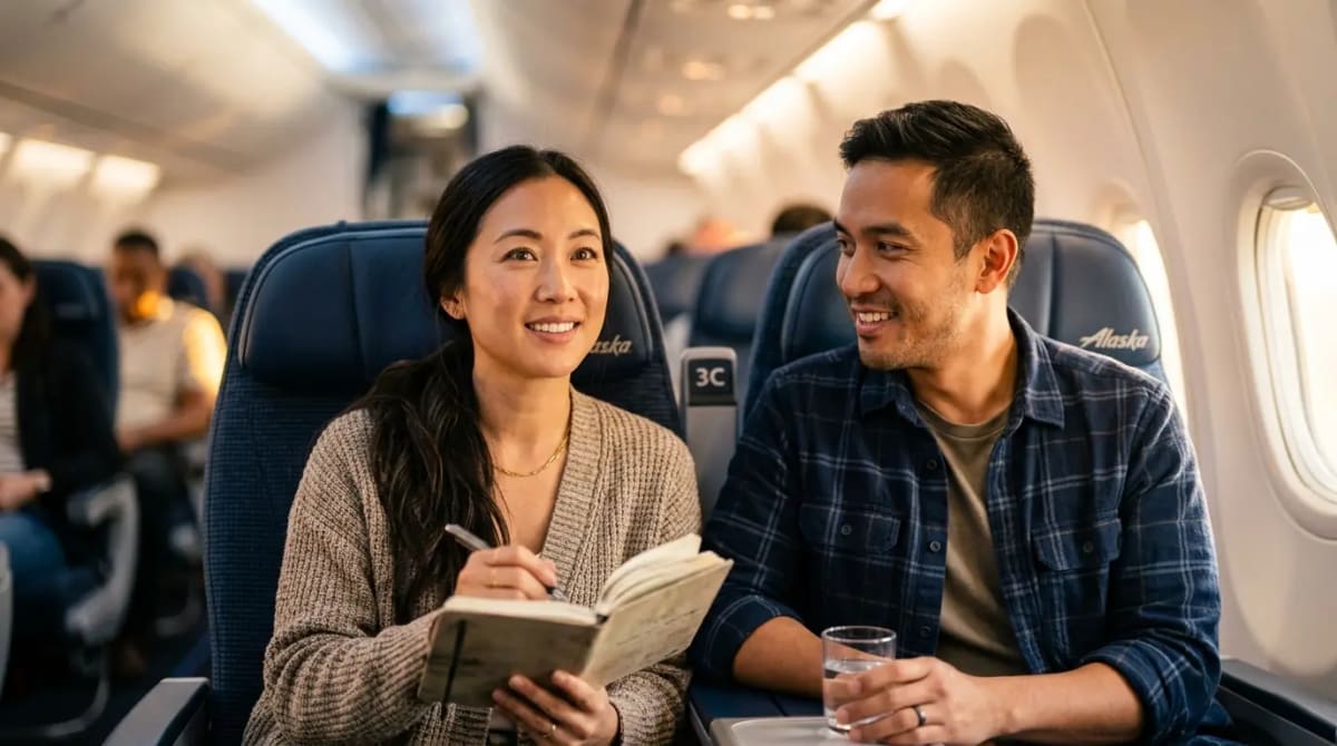 American couple reviewing partner award charts and global network in first-class airplane cabin
