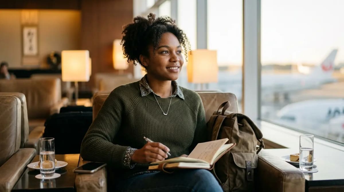 Traveler unlocking top Atmos Rewards sweet spots and high-value redemptions in premium airport lounge