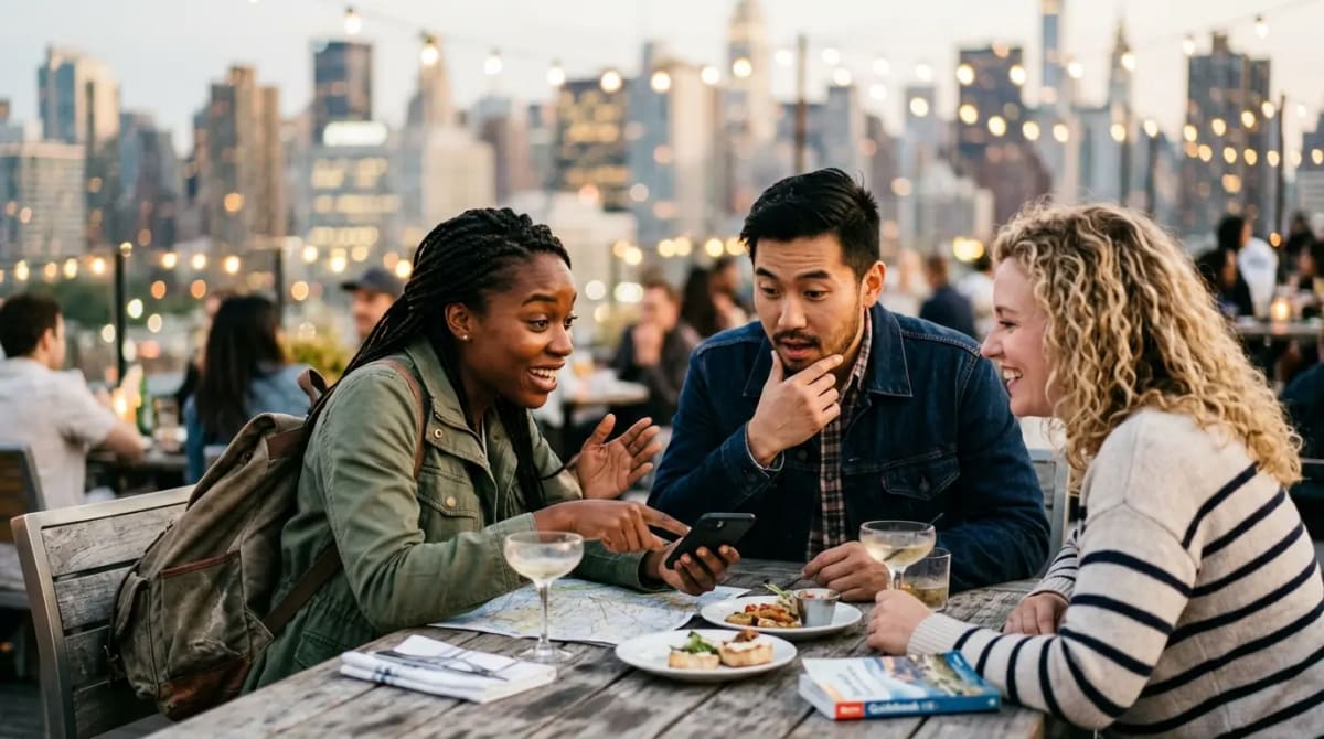 Group of travelers analyzing valuation and strategic considerations at upscale rooftop restaurant