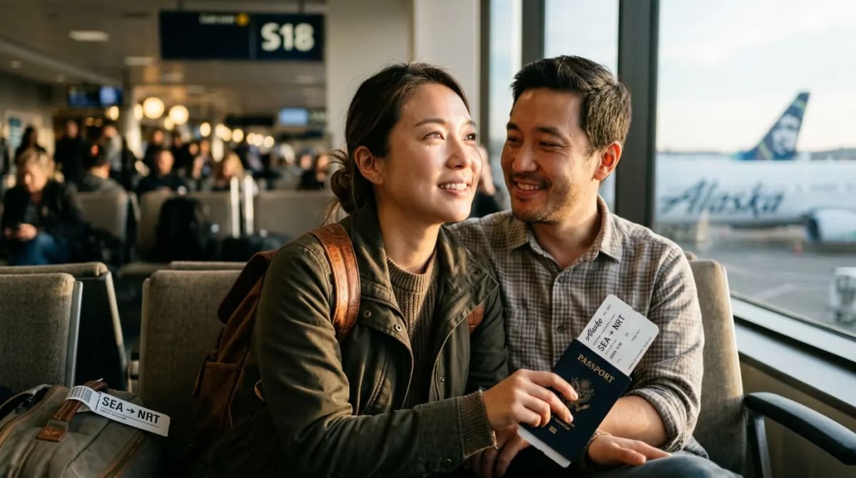 American couple exploring flexible earning choices in first-class airplane cabin