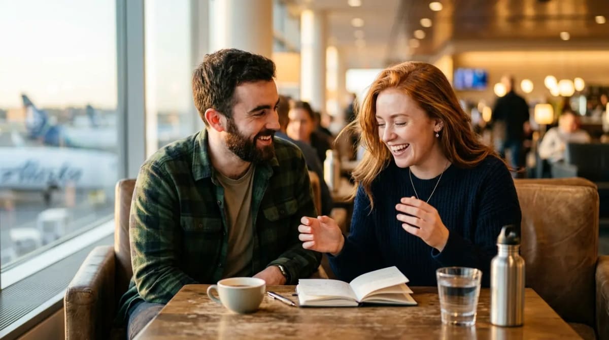 Traveler unlocking elite status perks in premium airport lounge